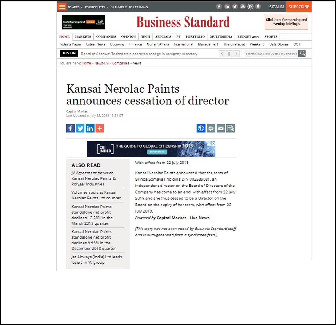 Kansai Nerolac Paints announces cessation of director - July 2019